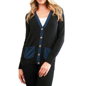 Juicy Couture Colorblock V-Neck Cardigan Sweater Top Black/Blue L Nwt $138